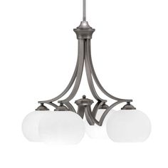 three light chandelier with white glass shades on the bottom and one light hanging from the