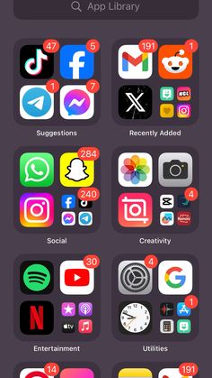 an iphone screen with many different app icons on the bottom right corner and top left corner