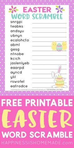 an easter themed word scramble with the words free printable for kids to use in their writing