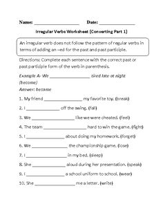 the worksheet for irregular verbs worksheet part 1 is shown in this image