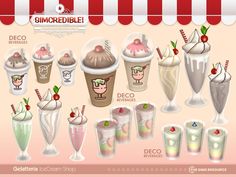 an image of different kinds of ice creams and drinks on the menu for a restaurant