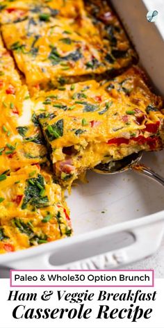 a casserole dish with spinach and cheese on top is shown in the foreground