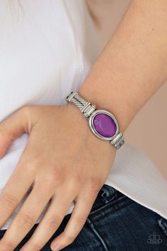 Featuring a dewy phosphorescence, a faceted purple crystal-like bead is pressed into the center of an ornate silver bracelet for a whimsical fashion. Features a hinged closure.

 Sold as one individual bracelet. Coordinates Bracelet, Purple Gems, Purple Bracelet, Whimsical Fashion, Hinged Bracelet, Paparazzi Accessories, Childrens Jewelry, Purple Crystals, Paparazzi Jewelry