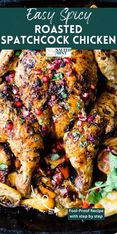 the recipe for roasting roasted chicken in a skillet with fresh herbs and spices