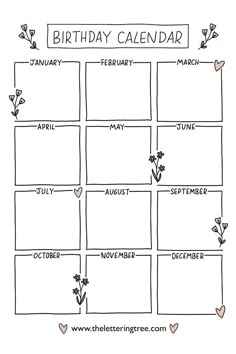 a printable birthday calendar with flowers and hearts in the middle, on top of it