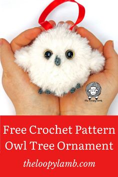 a hand holding a small white owl ornament with the text free crochet pattern