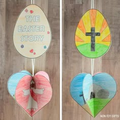 two paper hearts with the words the easter story written on them