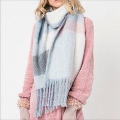 P.Rossini Blue And Pink Plaid Blanket Scarf With Heavy Fringe Pink Blanket Scarf, Wing Scarf, Michael Kors Scarf, Geometric Scarf, Mesh Fashion, Black And White Scarf, Cable Knit Scarf, Velvet Scarf, Rainbow Scarf