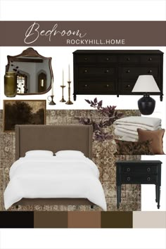 the bedroom is decorated in brown, white and tan colors with accessories including a bed, dresser