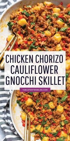 chicken chorizo cauliflower gnocchi skillet in a white bowl