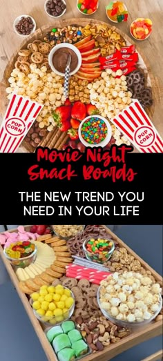 a movie night snack bar with snacks and candy on the table in front of it