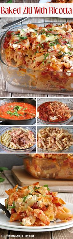 the steps to make baked ziti with ricotta and tomato sauce in a casserole dish