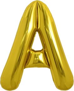 an inflatable gold letter balloon shaped like the letter a on a white background