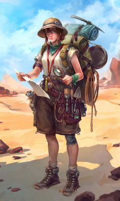 a painting of a woman with a backpack and map in her hands standing on the desert