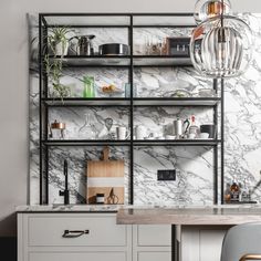 a kitchen with marble walls and shelving