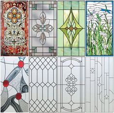 four different stained glass panels with flowers and birds on them, all in various colors