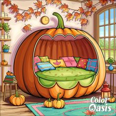 a bedroom with a large pumpkin bed in it