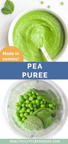 pea puree in a blender with mint leaves on top and the words made in 10 mins