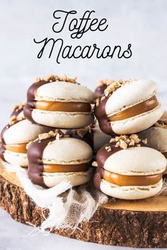 chocolate covered macarons are stacked on top of each other with the words toffe macarons above them