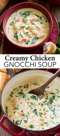 creamy chicken gnocchi soup in a red bowl with a wooden spoon and bread on the side