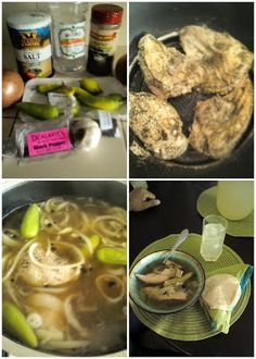 several pictures of food including soup, chicken and vegetables