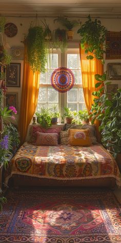 a bed sitting under a window covered in plants