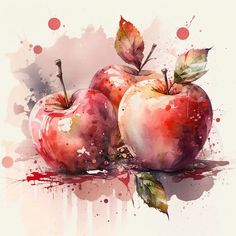 two red apples with leaves on the top and watercolor paint splatters around them