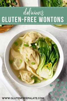 two bowls of gluten - free wontons with greens on the side