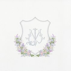 a white coat of arms with purple flowers and leaves on it, in front of a white background