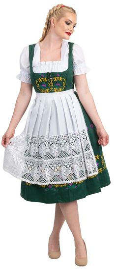 ***************** ***********   DIRNDL   **********  Made By "  DIRNDL TRACHTEN HAUS  " **  Color  ** In A Gorgeous Dark Green EMBROIDERY  In A Pretty Dark Yellow, Purple and Green Material 80 % COTTON 20 % POLYESTER The Top Of The Dirndl is " LINED  " On The Inside  Zipper Has A Zipper In The Front ************************* NOTICE *  On The Underside The Pretty Embroidery At The Bottom Is Backed With White Backing. I have taken a photo so you can see this. Please Look At The Photo :-)) This is a really nice feature as it will keep your Pretty Embroidery from coming unraveled :-)). <> <> <> <> <> <> NOTICE The Wonderful " EMBORIDERY " At The Base Goes All The Way Around The Dirndl***  Embroidery:  13" High  *** ***************** ************    CROP TOP   *********** **  Color  ** In White Dirndl Embroidery, Dark Green Embroidery, High Crop Top, German Dirndl Dress, Apron Top, Oktoberfest Dress, Lace Apron, Green Embroidery, Pretty Embroidery