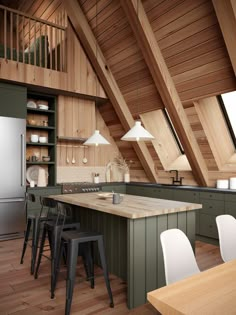 an open kitchen with wooden walls and ceiling, along with white chairs around the table