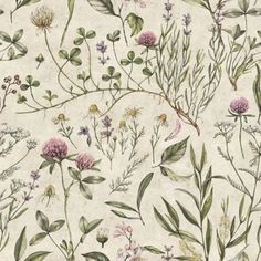 a floral wallpaper with many different flowers and leaves on it's side,