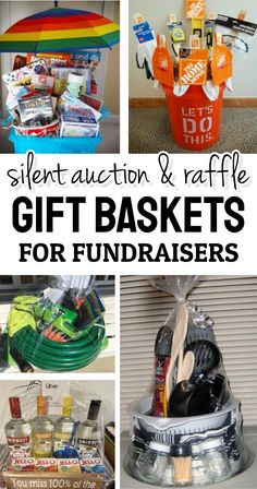 several different pictures with the words silent auction and raffe gift baskets for fundraisers