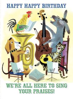 a birthday card with animals and musical instruments