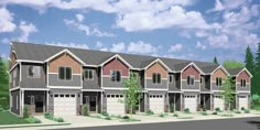 a row of houses with garages and trees in the background