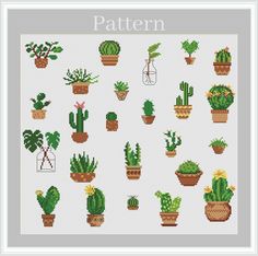 cross stitch pattern with potted cactuses and cacti in pots on a white background