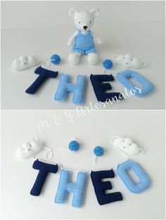 crocheted letters spelling out the word teddy bear