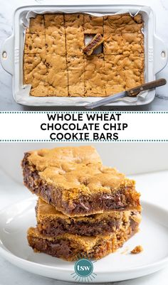 chocolate chip cookie bars stacked on top of each other with text overlay that reads whole wheat chocolate chip cookie bars