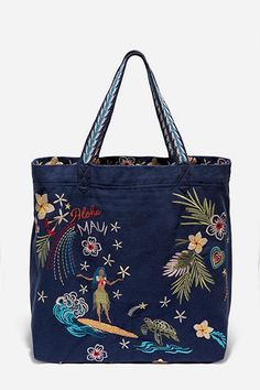 Embodying beautiful tropical color against a rich field of blue, the Hawaii Everyday Tote is the perfect way to celebrate the islands. Crafted from 100% cotton and adorned with floral displays and island scenes this tote features interior zip pocket for smaller items. Add this accessory to your favorite linen ensemble for a beach-ready vibe. Johnny Was Women's Hawaii Everyday Tote Bag in Navy Black, Linen/Cotton, Floral Summer Designer Bags, Tropical Bag, Surf Bag, Colorful Tote Bags, Hawaii Outfits, Everyday Tote Bag, Embroidered Tote Bag, Embroidered Tote, Diy Tote Bag