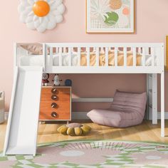 a white bunk bed sitting next to a dresser and chair in a room with pink walls