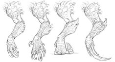 the concept art for creature design, including hands and claws in various stages of development