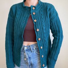 Fisherman Sweater, Beautiful Sweater, Pullover Sweater Women, Knit Jacket, Ll Bean, Women Pullover, Hip Length, Teal Blue, Medium Size