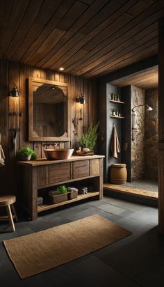 a rustic bathroom with wood paneling and stone walls, along with rugs on the floor