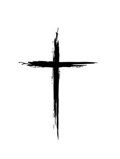 a black and white photo of a cross with paint splattered on it's side