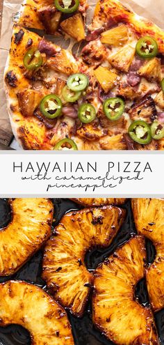 hawaiian pizza with pineapple slices and jalapenos on the side is shown