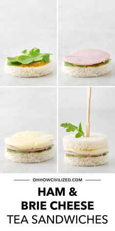 ham and brie cheese tea sandwiches with green leafy garnish on top