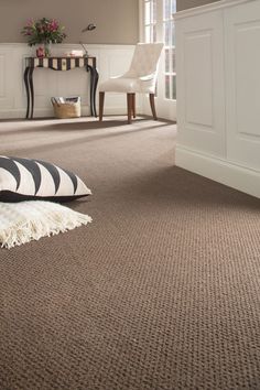 a living room with carpeting and furniture in the background, including a white chair