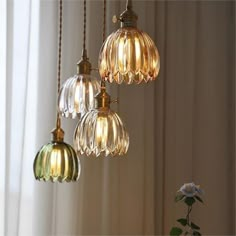 three glass lights hanging from a ceiling next to a vase with white flowers in it