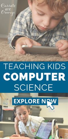 a young boy sitting at a table using a tablet computer and looking at the screen with text reading teaching kids computer science explore now