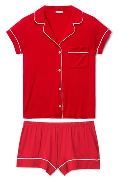 Lightweight PJs in a supersoft jersey knit with contrast piping are ones you'll want to wear all weekend long. 26" top length; 2 1/2" inseam; 28" leg opening; 9" front rise; 13 1/2" back rise (size Medium) Top has front button closure; notched collar; short sleeves; chest patch pocket Shorts have elastic waist 95% modal, 5% spandex Machine wash, tumble dry Imported Latinx Owned and Founded | Eberjey Gisele Jersey Knit Shorty Pajamas Aesthetic Pajamas, Eberjey Pajamas, Frock And Frill, Red Pajamas, Cute Pajama Sets, Pajama Dress, Short Pj Set, Pocket Shorts, Cute Preppy Outfits